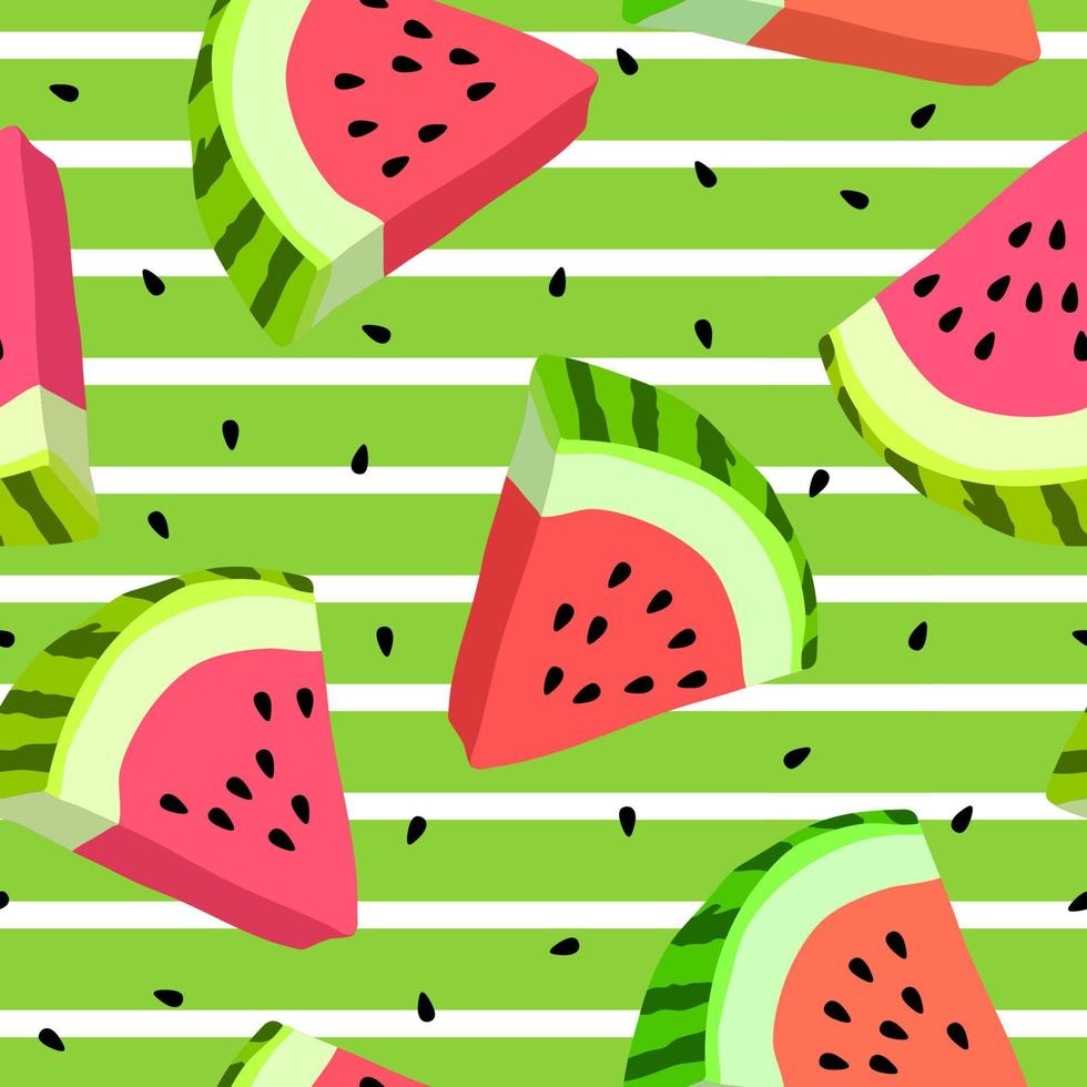 Vector seamless pattern with watermelon slices. Colorful hand-drawn repeatable background. Summer fruits with seeds backdrop.