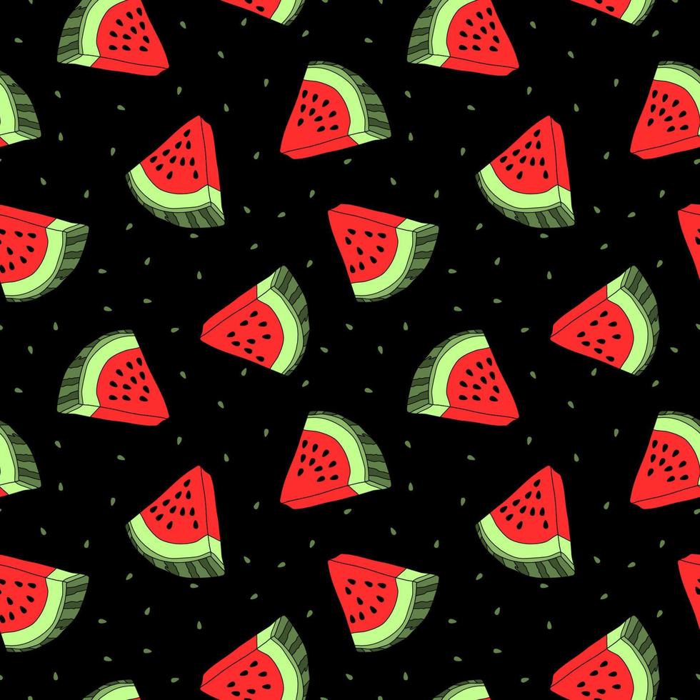Vector seamless pattern with watermelon slices. Colorful hand-drawn repeatable background. Summer fruits with seeds backdrop.