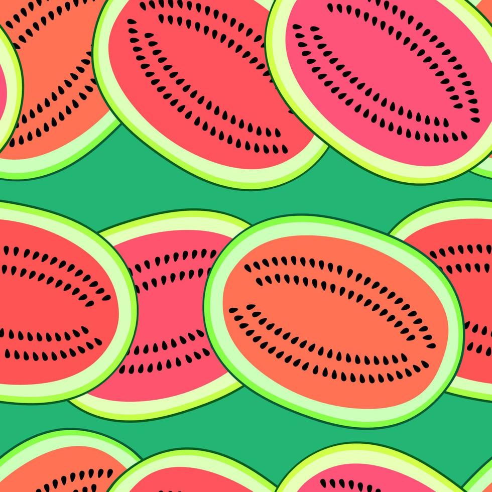 Vector seamless pattern with watermelon slices. Colorful hand-drawn repeatable background. Summer fruits with seeds backdrop.