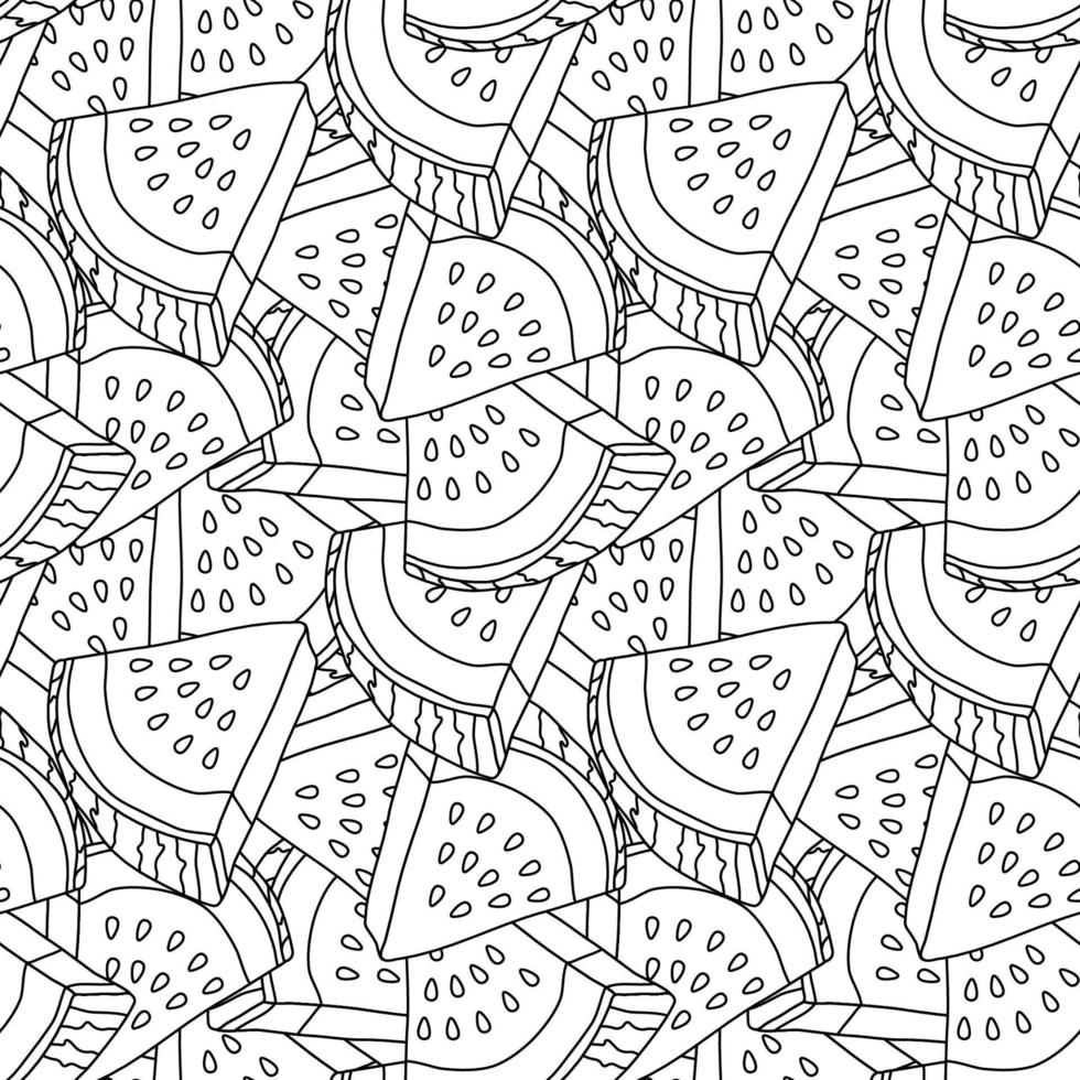 Vector seamless pattern with watermelon slices. Linear hand-drawn repeatable background. Monochromatic summer fruits with seeds backdrop.