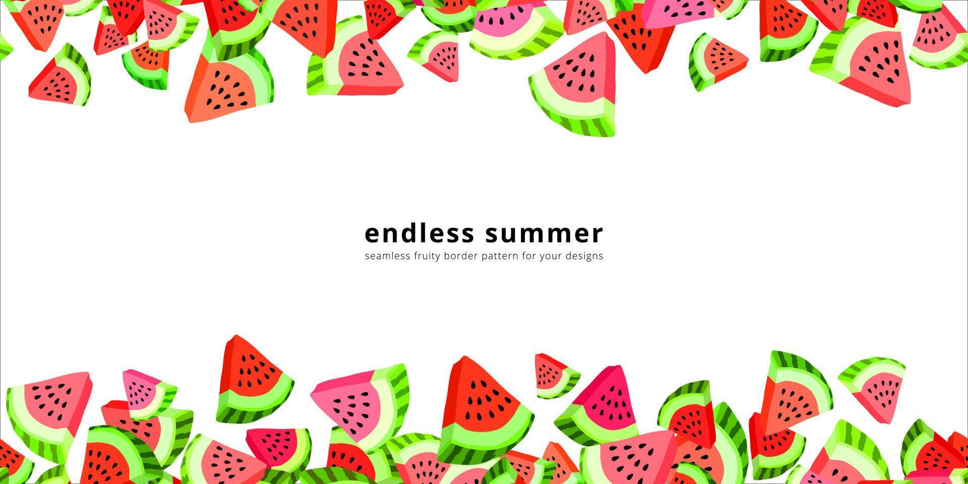 Vector seamless border pattern with watermelon slices. Colorful hand-drawn repeatable horizontal background. Summer fruits with seeds backdrop.