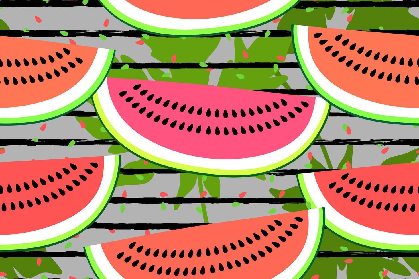 Vector seamless pattern with watermelon slices. Colorful hand-drawn repeatable background. Summer fruits with seeds, leaves and stripes backdrop.