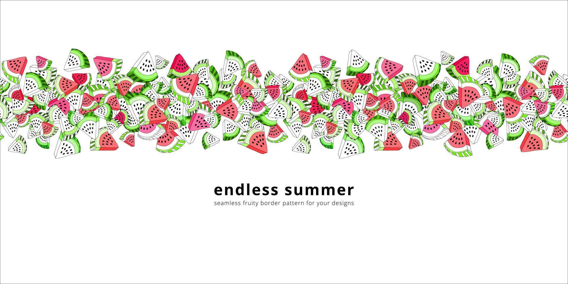 Vector seamless border pattern with watermelon slices. Colorful outlined hand-drawn repeatable horizontal background. Summer fruits with seeds backdrop.