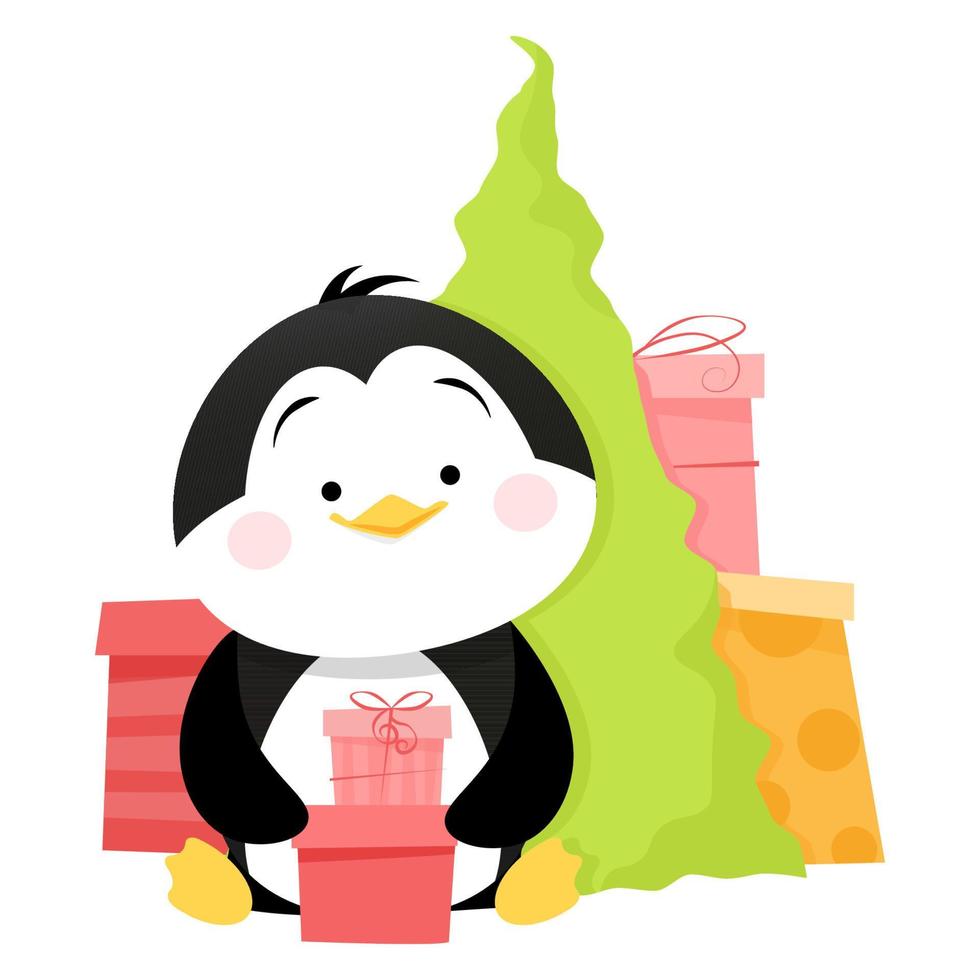 lindo pingüino se sienta cerca del árbol de navidad con regalos vector