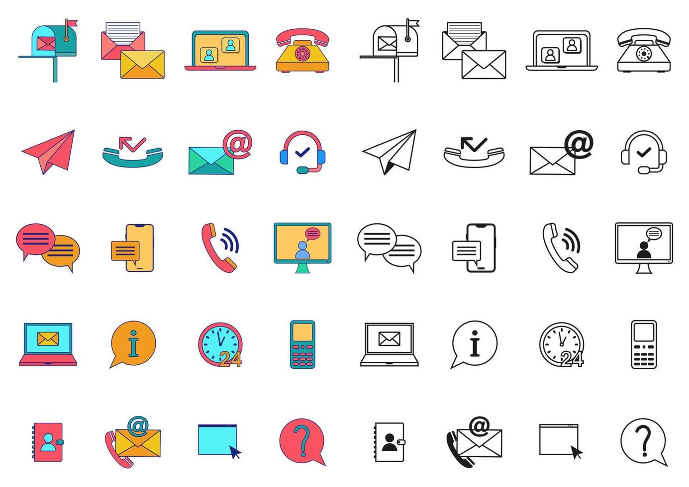 colección de iconos de vector de contacto en color y blanco y negro