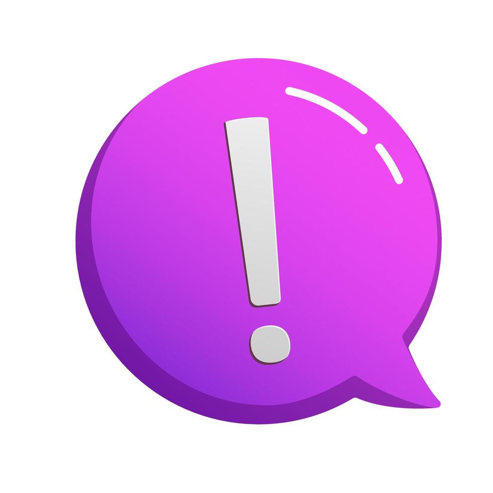 White exclamation mark inside a purple speech bubble with 3d effects illustration. Fully editable. vector