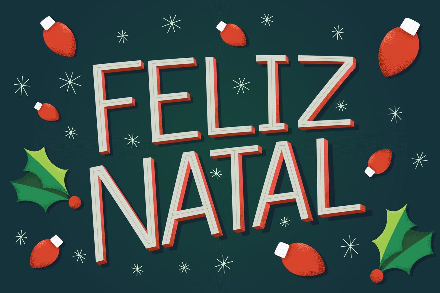feliz ilustración navideña en portugués brasileño con luces navideñas y escamas de hielo. fondo verde traducción - feliz navidad. vector