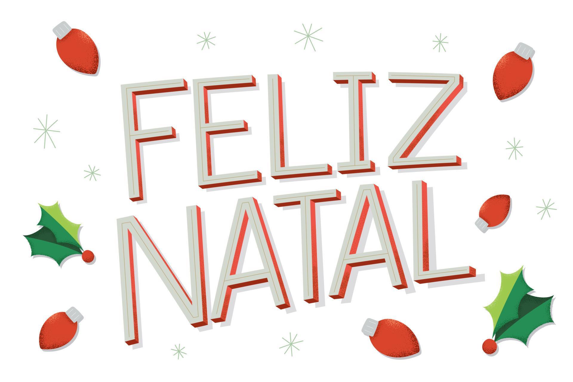 Merry Christmas Illustration in Brazilian Portuguese with christmas lights and Ice Flake. White