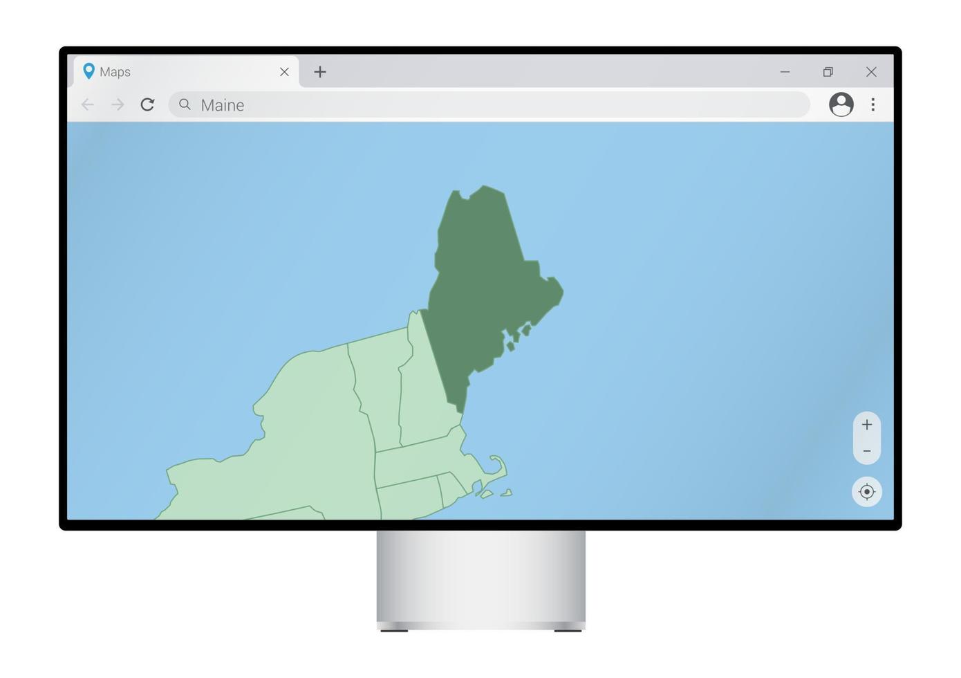 Computer monitor with map of Maine in browser, search for the country of Maine on the web mapping program. vector