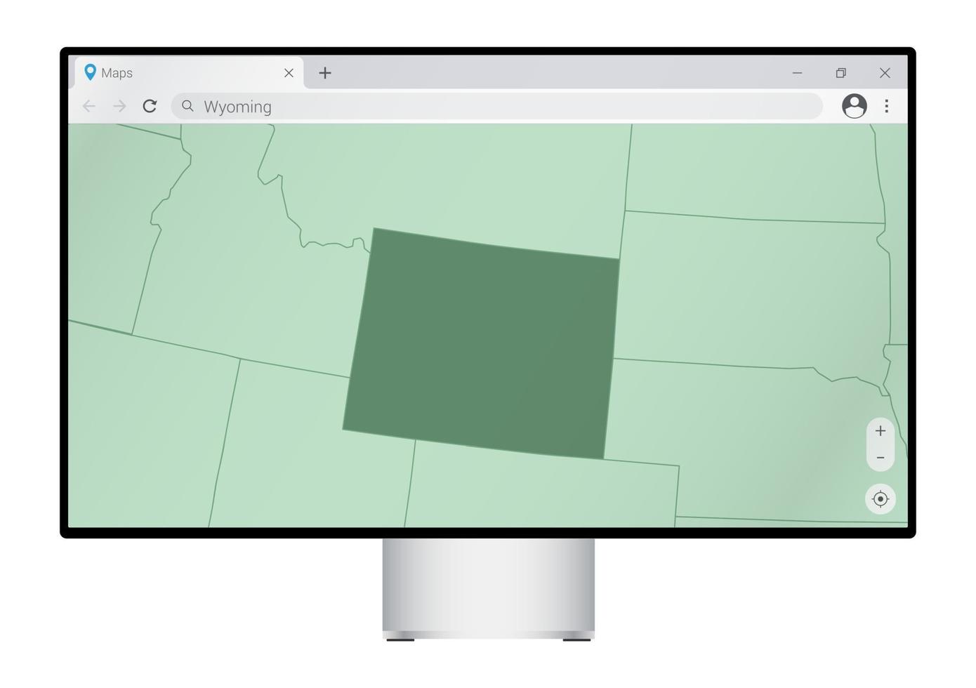Computer monitor with map of Wyoming in browser, search for the country of Wyoming on the web mapping program. vector