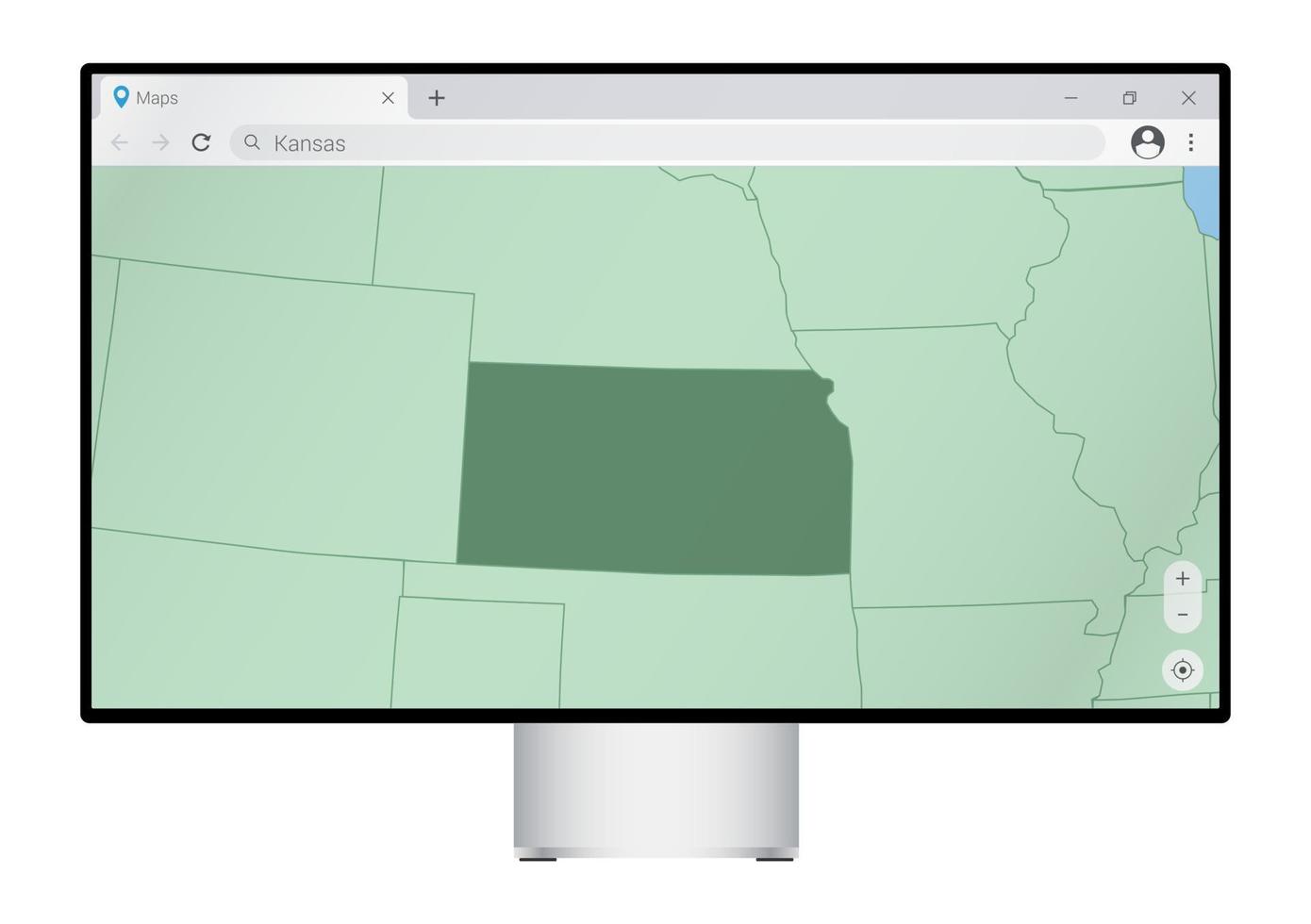 monitor de computadora con mapa de kansas en el navegador, busque el país de kansas en el programa de mapeo web. vector