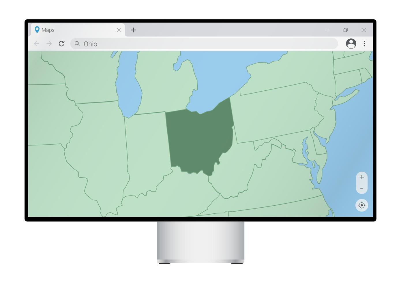 monitor de computadora con mapa de ohio en el navegador, busque el país de ohio en el programa de mapeo web. vector