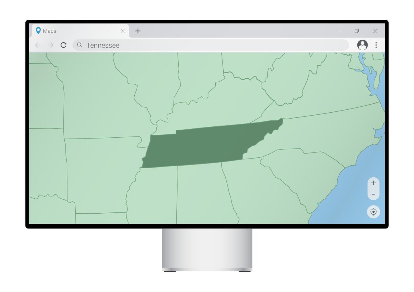 monitor de computadora con mapa de tennessee en el navegador, busque el país de tennessee en el programa de mapeo web. vector