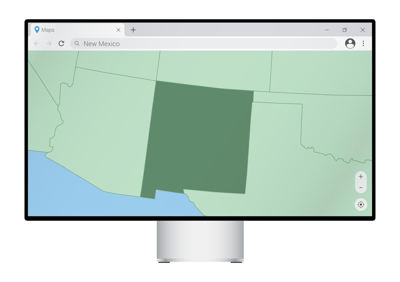 Computer monitor with map of New Mexico in browser, search for the country of New Mexico on the web mapping program. vector
