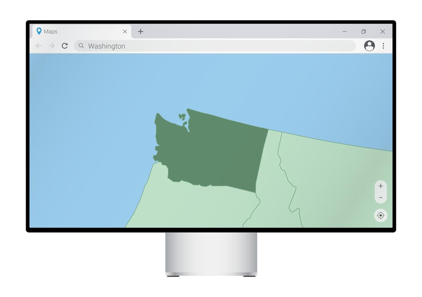 monitor de computadora con mapa de washington en el navegador, busque el país de washington en el programa de mapeo web. vector