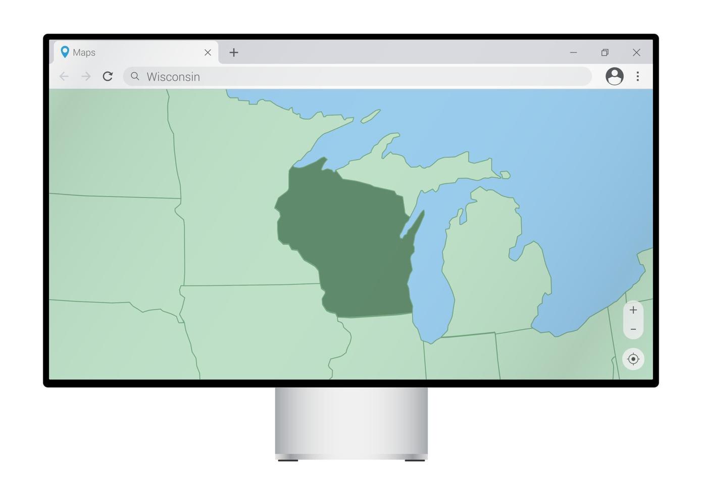 monitor de computadora con mapa de wisconsin en el navegador, busque el país de wisconsin en el programa de mapeo web. vector