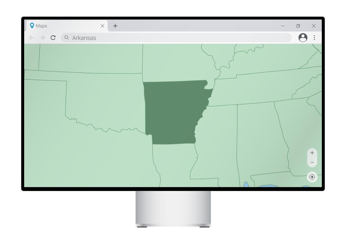 Computer monitor with map of Arkansas in browser, search for the country of Arkansas on the web mapping program. vector
