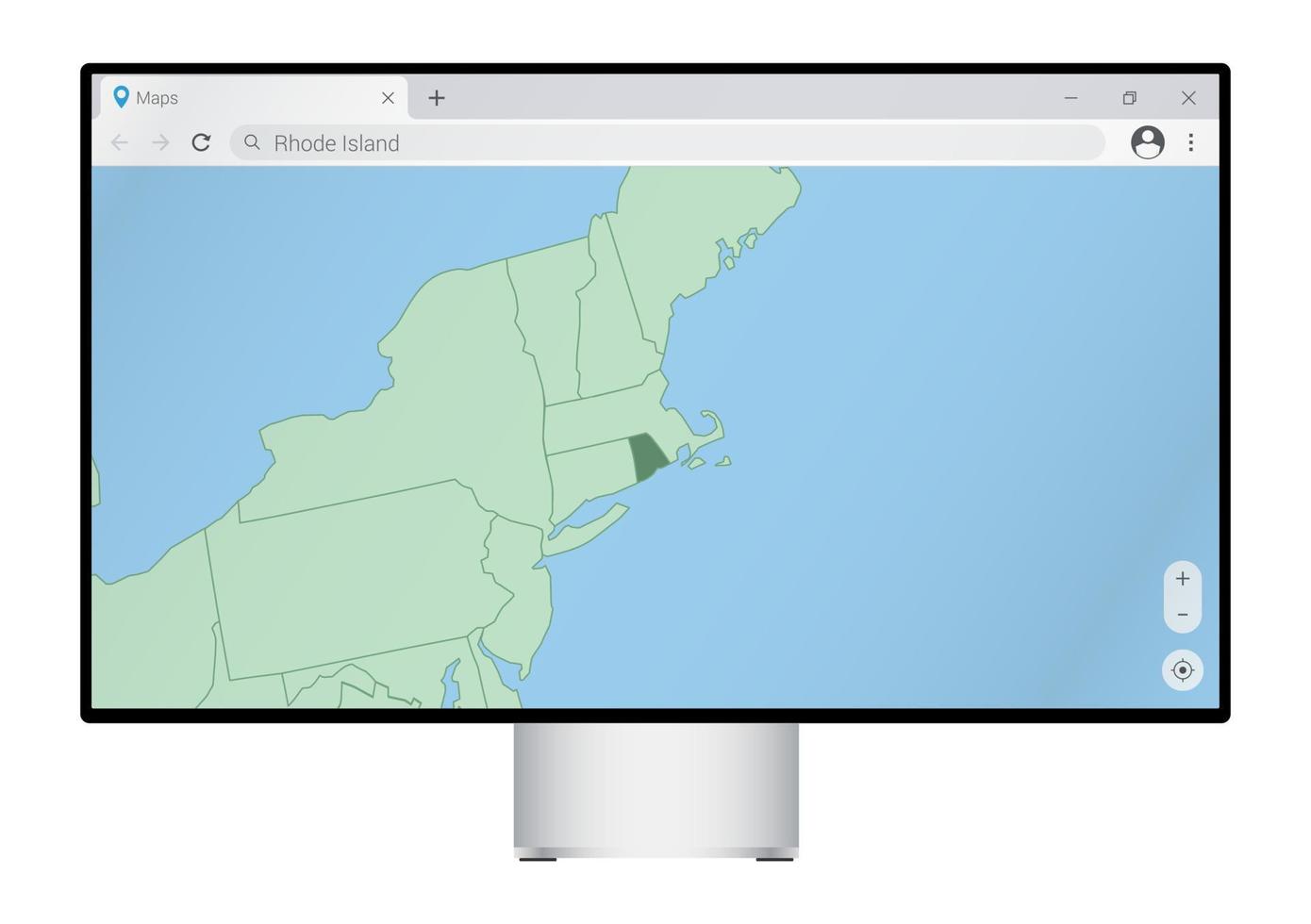 monitor de computadora con mapa de rhode island en el navegador, busque el país de rhode island en el programa de mapeo web. vector