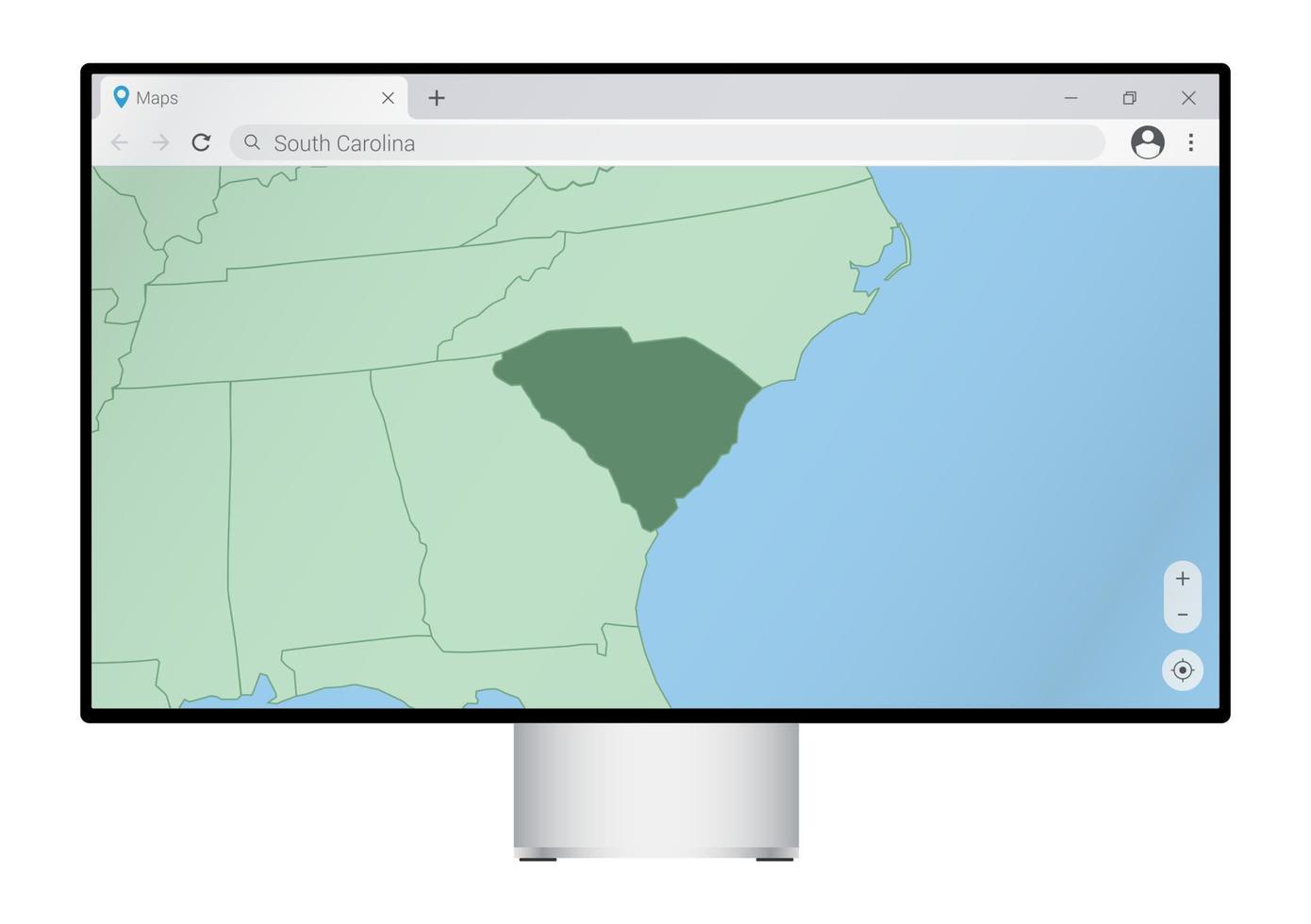 Computer monitor with map of South Carolina in browser, search for the country of South Carolina on the web mapping program. vector