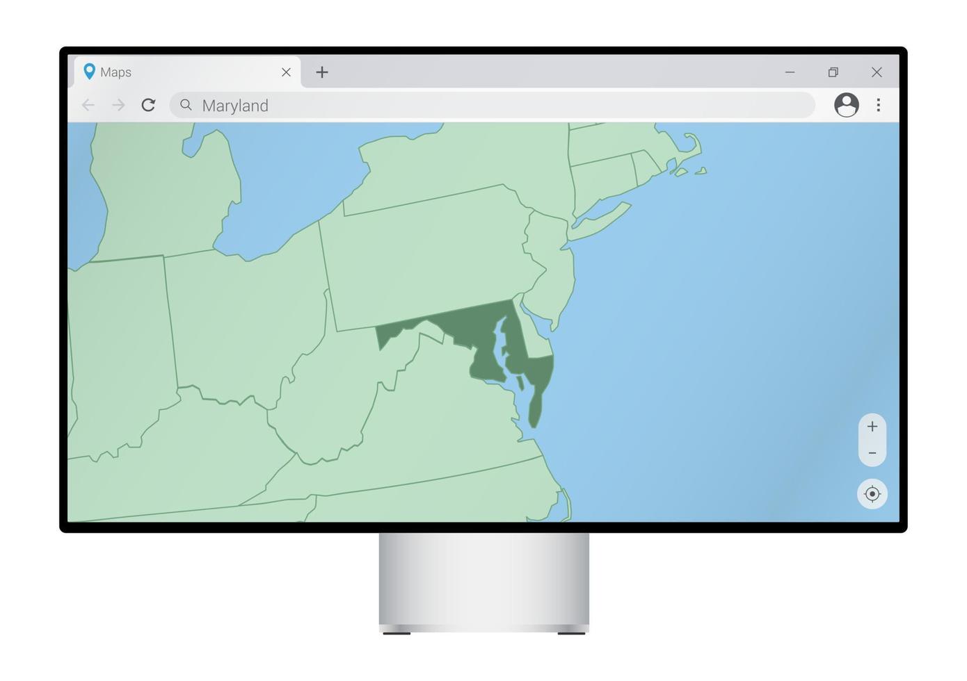 Computer monitor with map of Maryland in browser, search for the country of Maryland on the web mapping program. vector