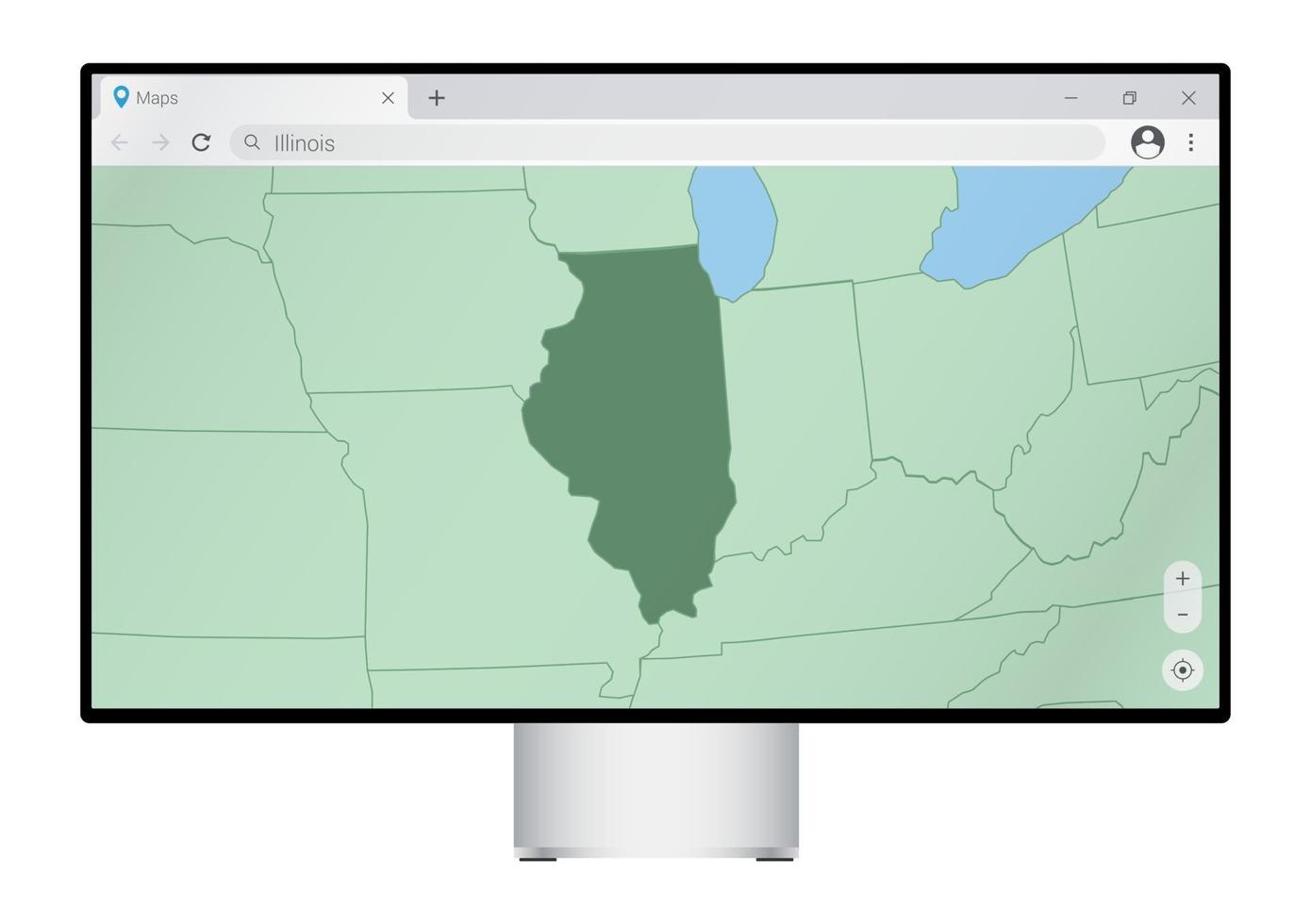 Computer monitor with map of Illinois in browser, search for the country of Illinois on the web mapping program. vector