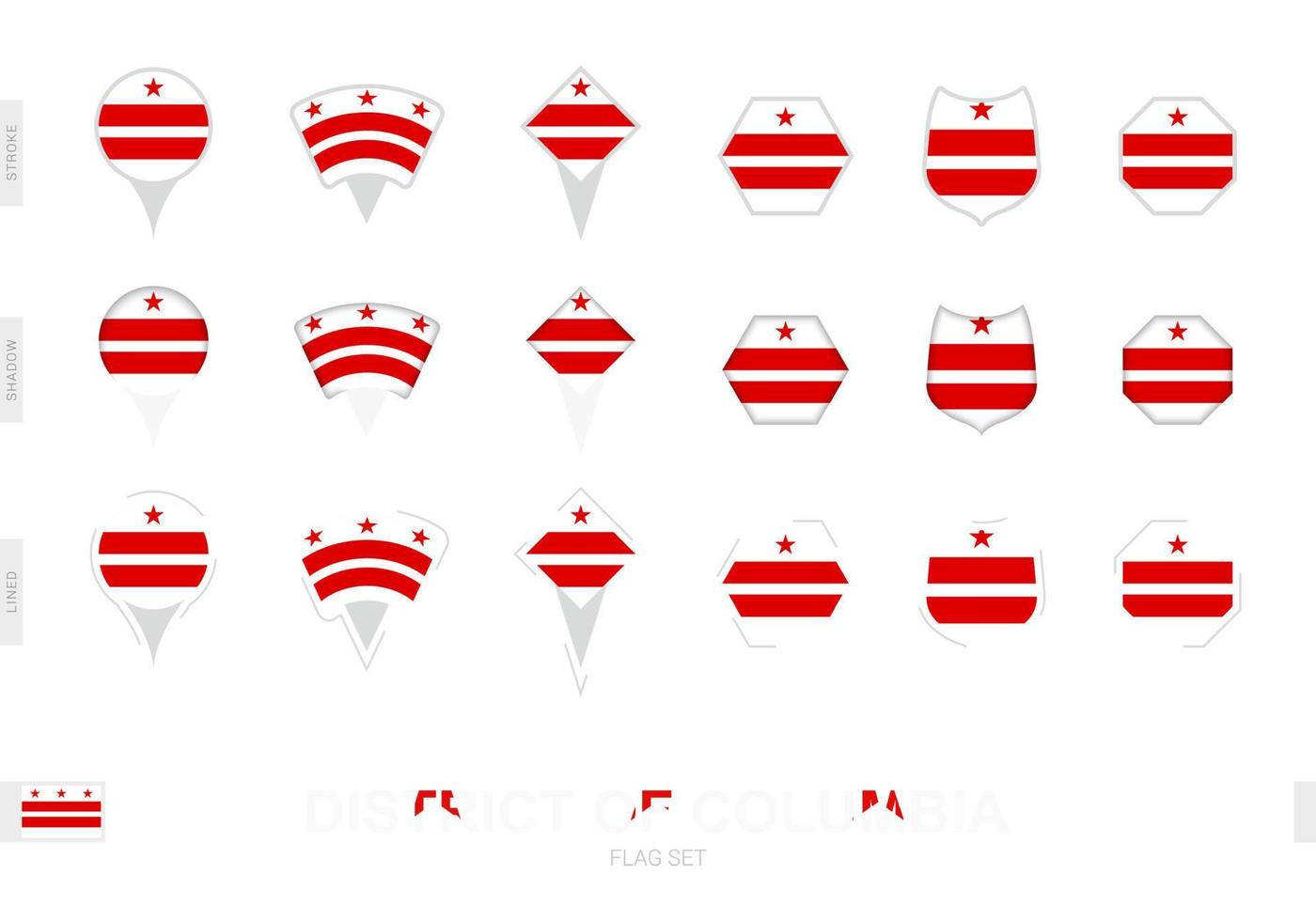 Collection of the District of Columbia flag in different shapes and with three different effects. vector