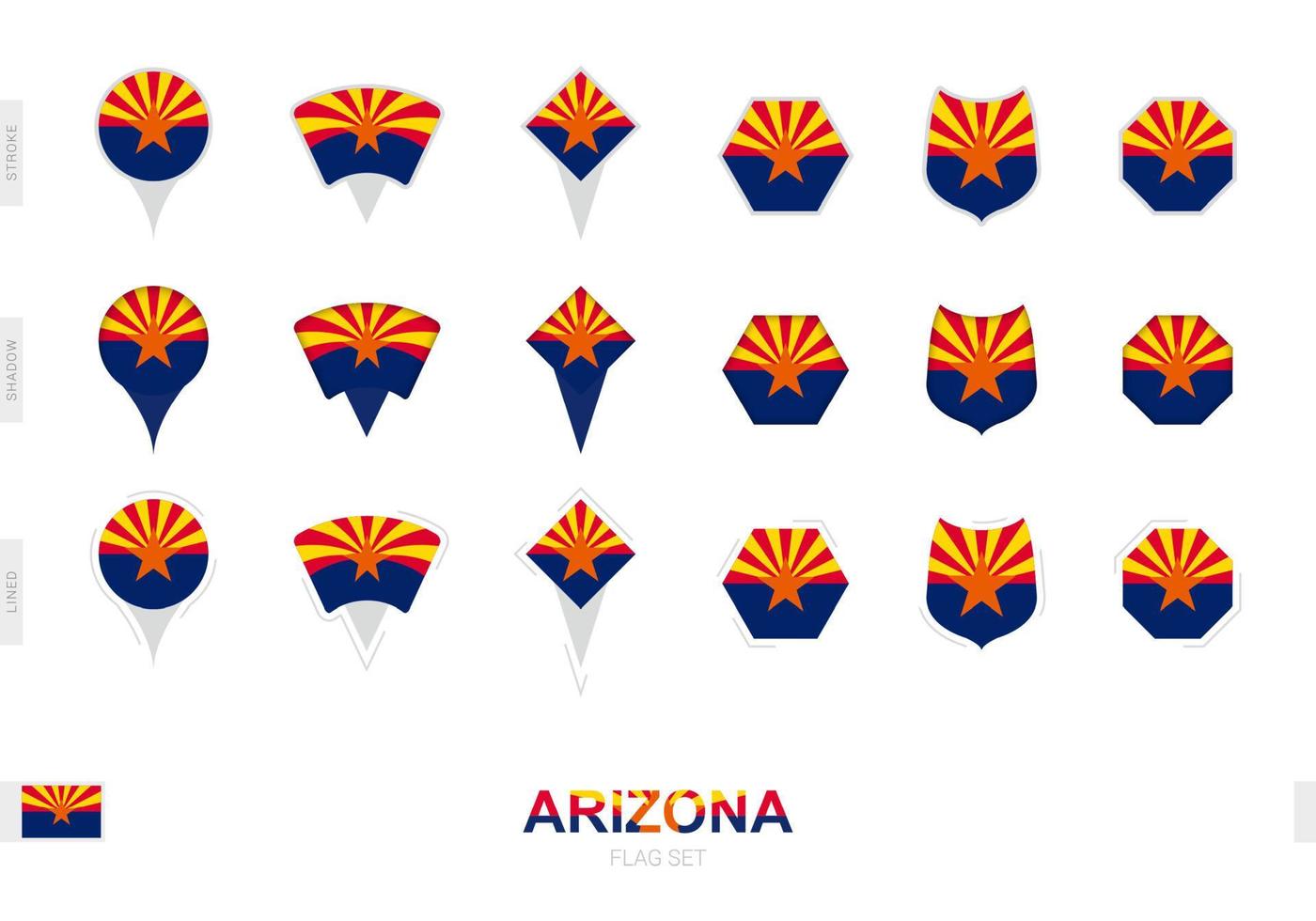 Collection of the Arizona flag in different shapes and with three different effects. vector