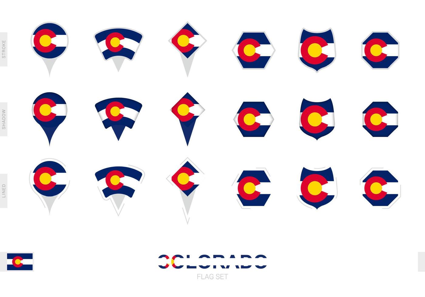 Collection of the Colorado flag in different shapes and with three different effects. vector