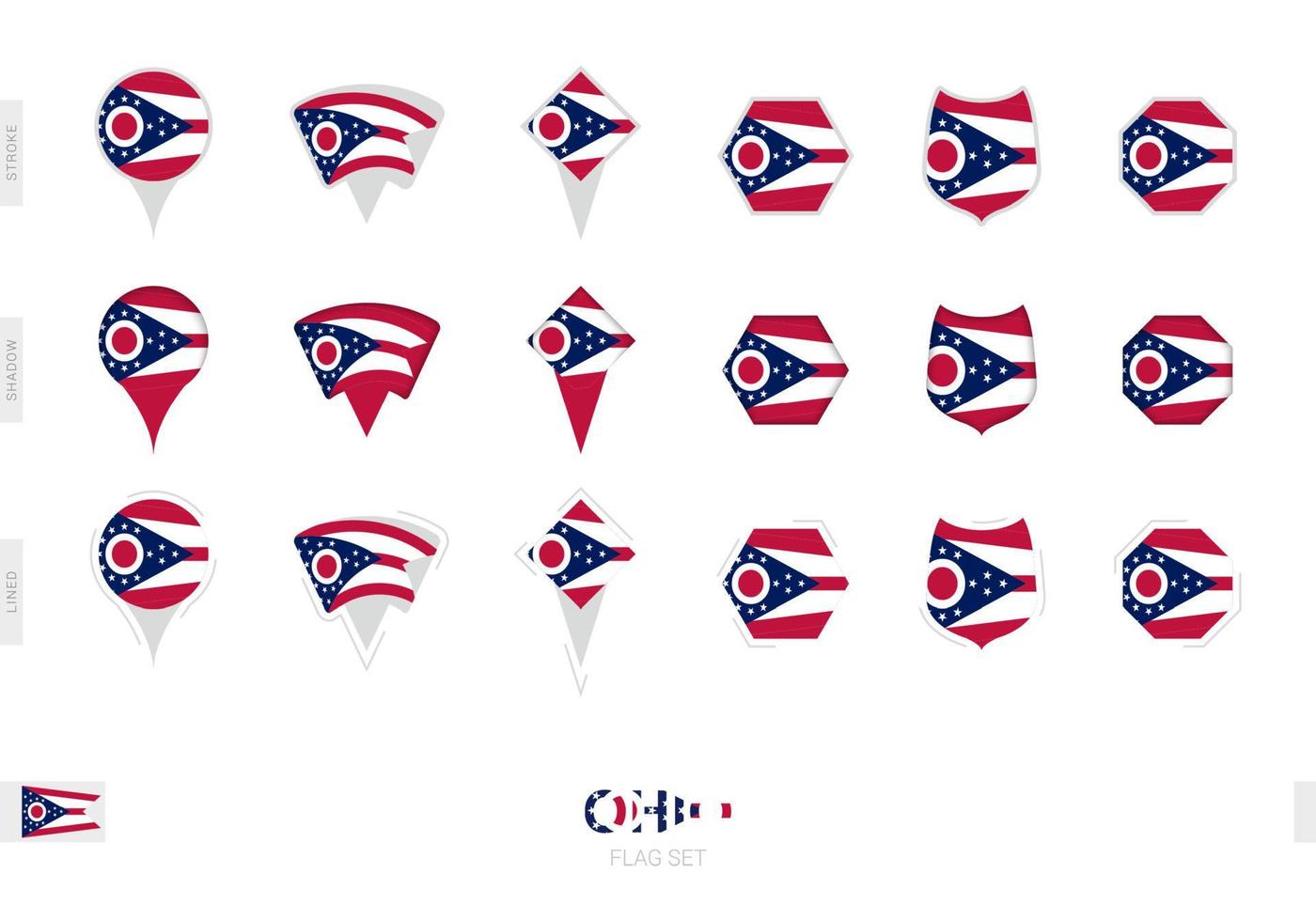 colección de la bandera de ohio en diferentes formas y con tres efectos diferentes. vector