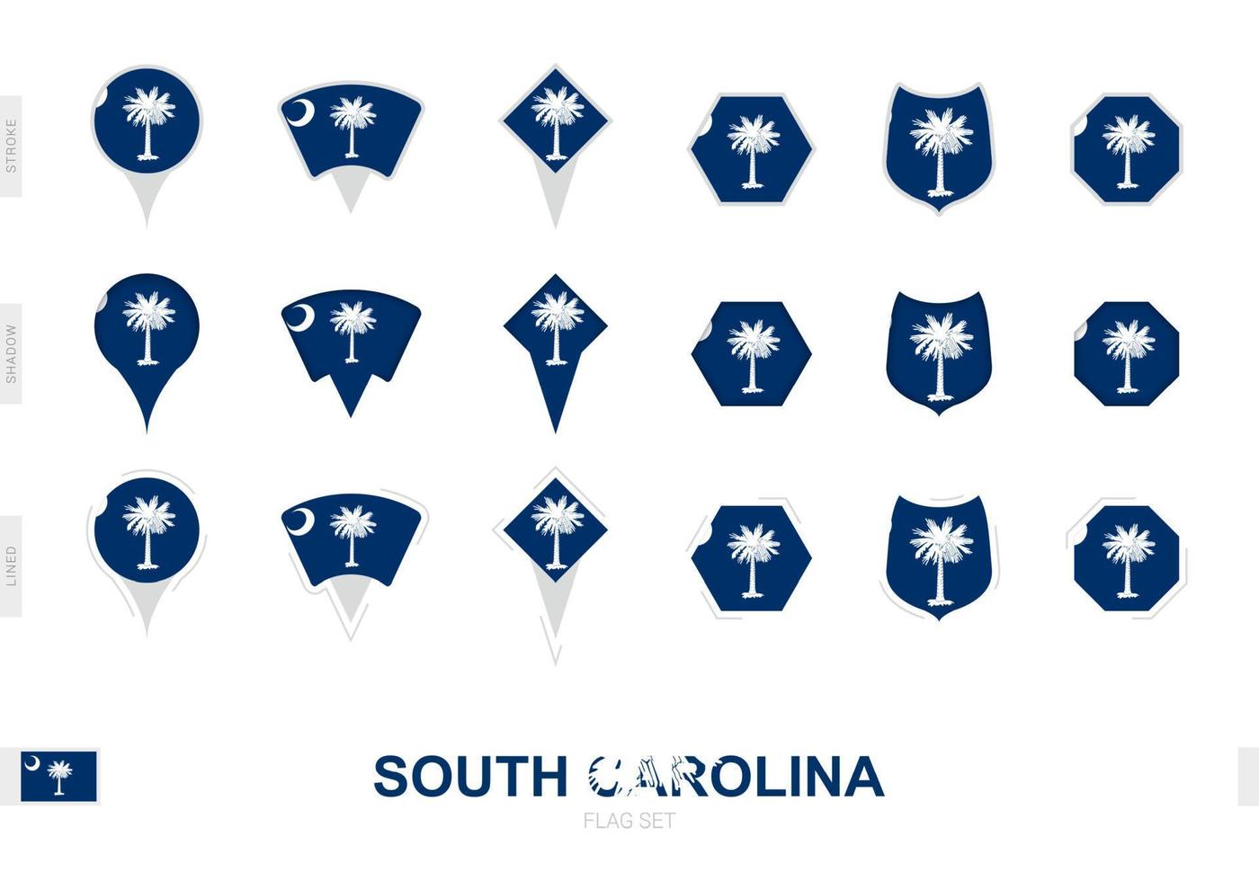 Collection of the South Carolina flag in different shapes and with three different effects. vector