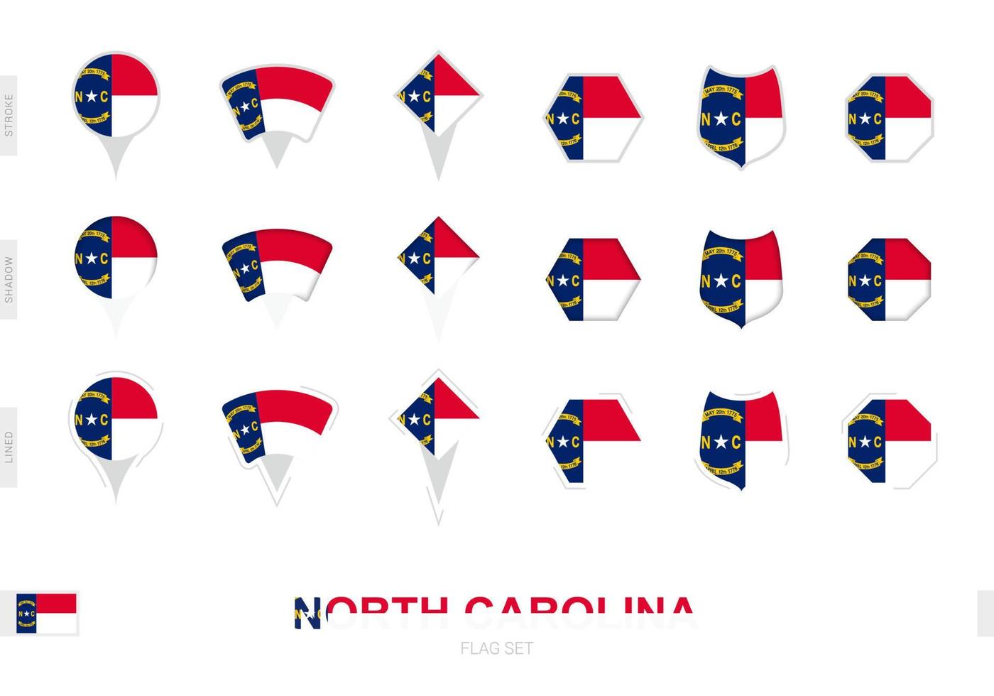 Collection of the North Carolina flag in different shapes and with three different effects. vector