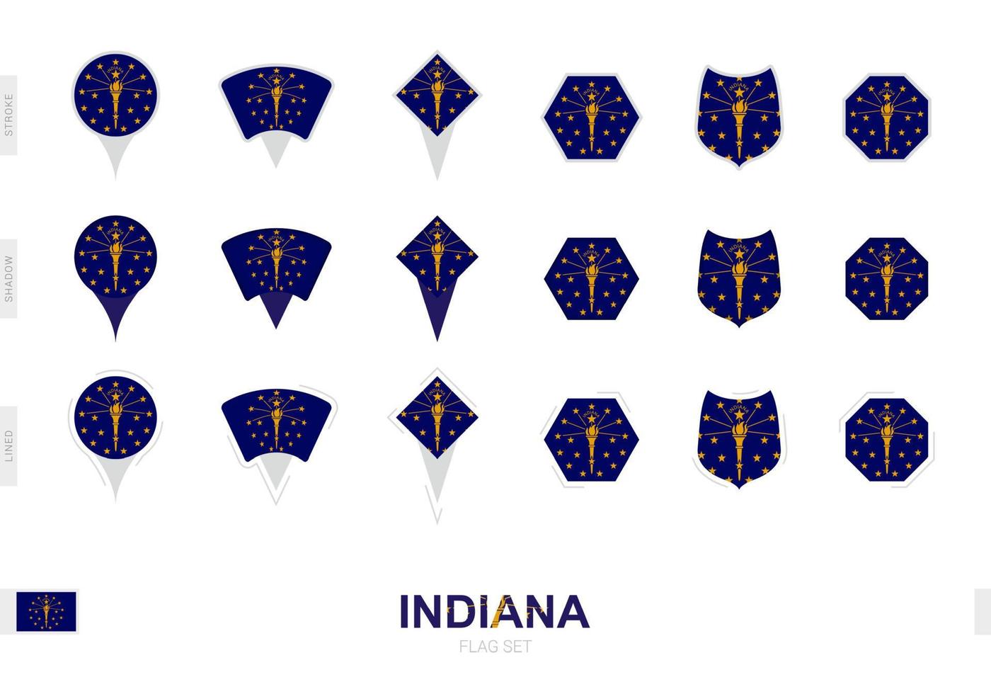 Collection of the Indiana flag in different shapes and with three different effects. vector