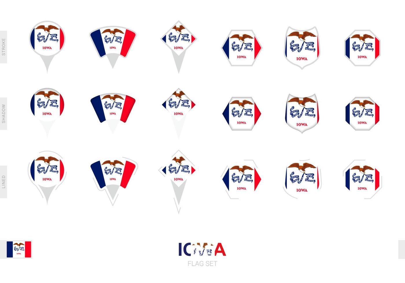 Collection of the Iowa flag in different shapes and with three different effects. vector
