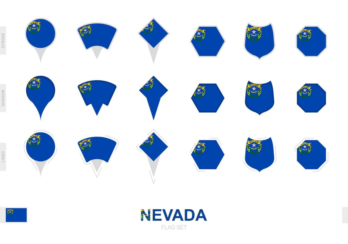 Collection of the Nevada flag in different shapes and with three different effects. vector