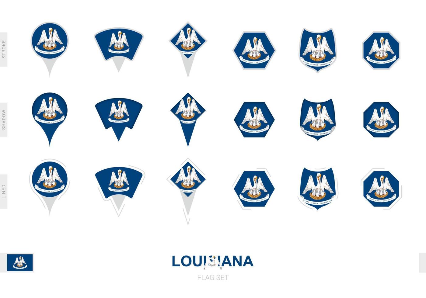 Collection of the Louisiana flag in different shapes and with three different effects. vector