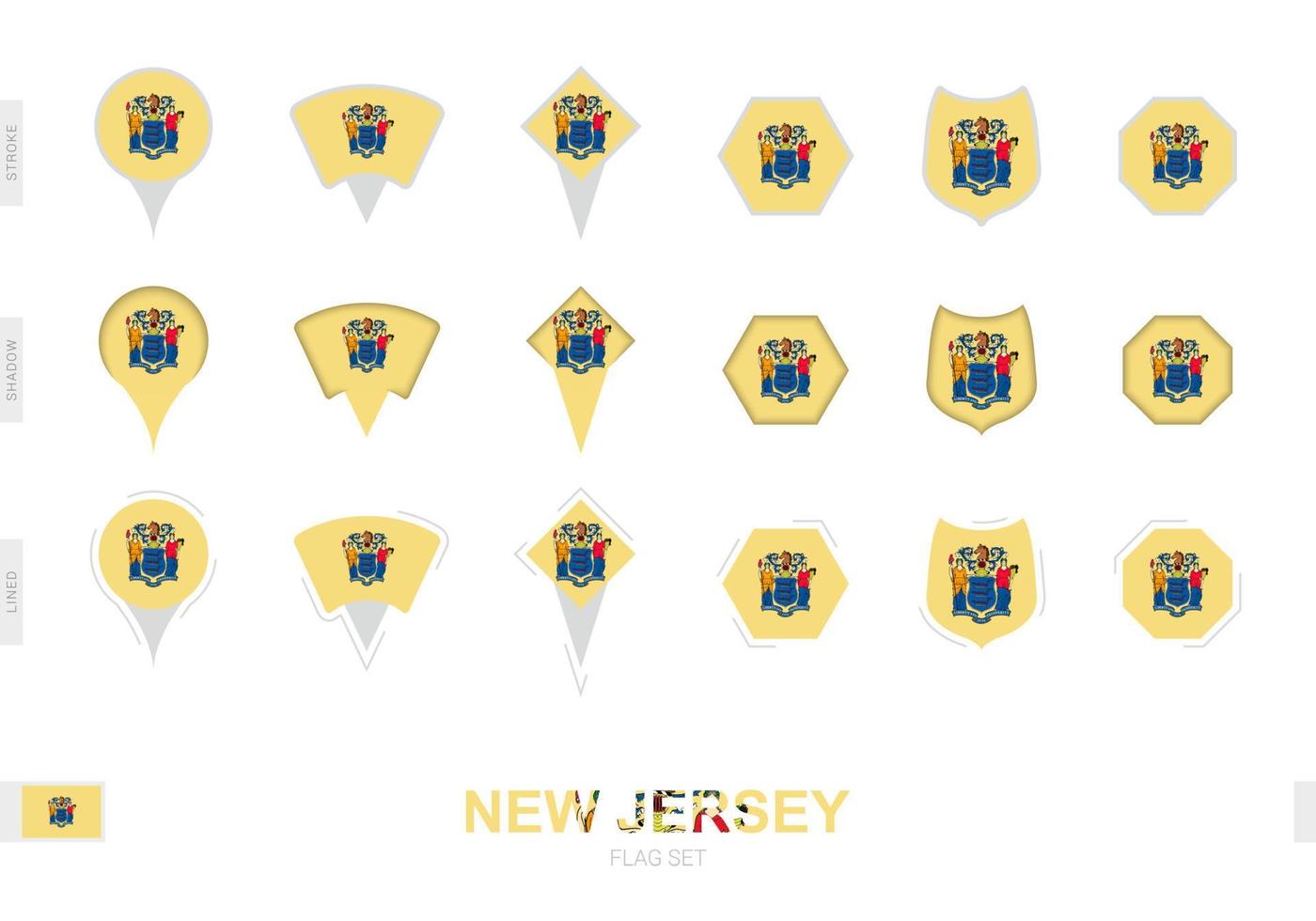colección de la bandera de new jersey en diferentes formas y con tres efectos diferentes. vector