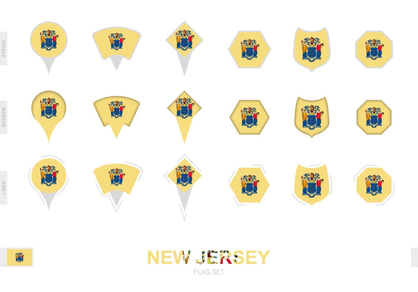 Collection of the New Jersey flag in different shapes and with three different effects. vector