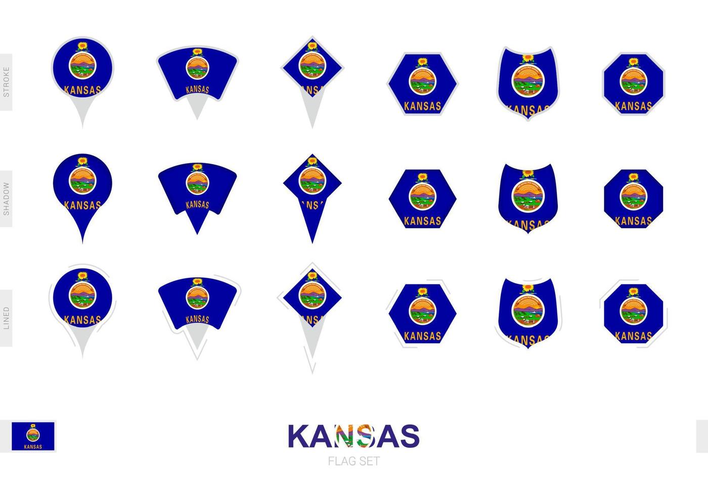 Collection of the Kansas flag in different shapes and with three different effects. vector