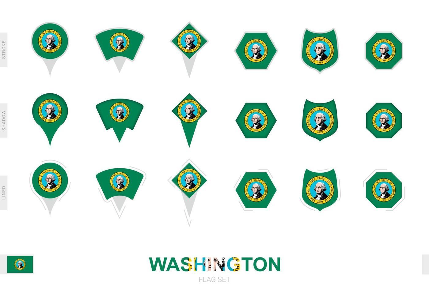 Collection of the Washington flag in different shapes and with three different effects. vector