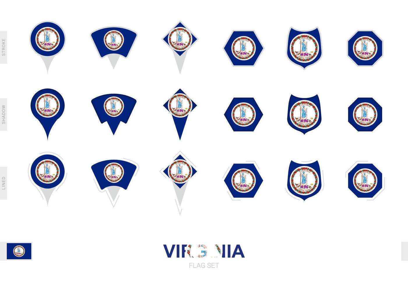 Collection of the Virginia flag in different shapes and with three different effects. vector