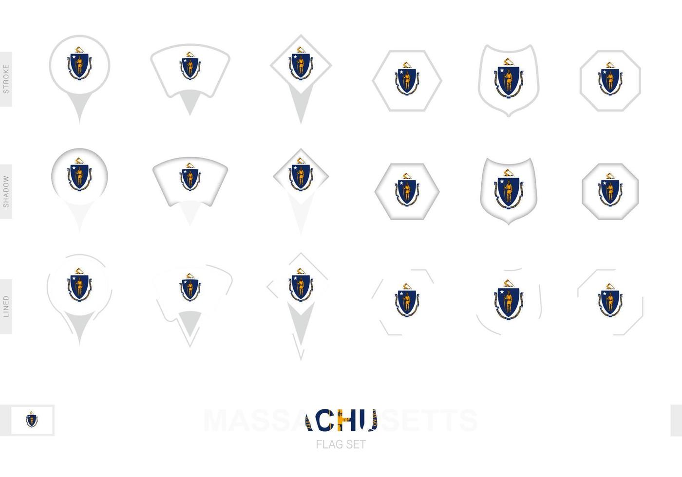 colección de la bandera de massachusetts en diferentes formas y con tres efectos diferentes. vector