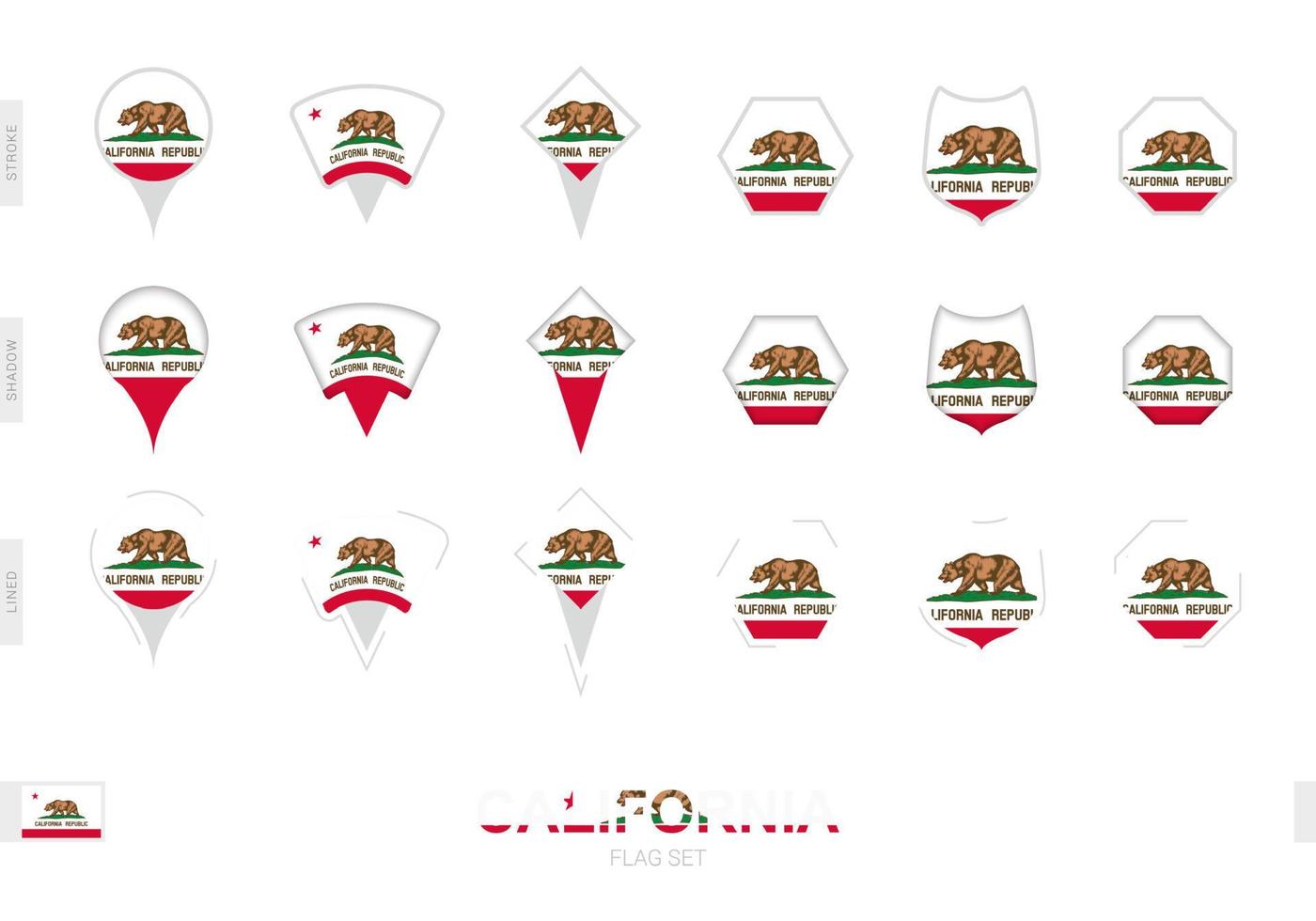 Collection of the California flag in different shapes and with three different effects. vector