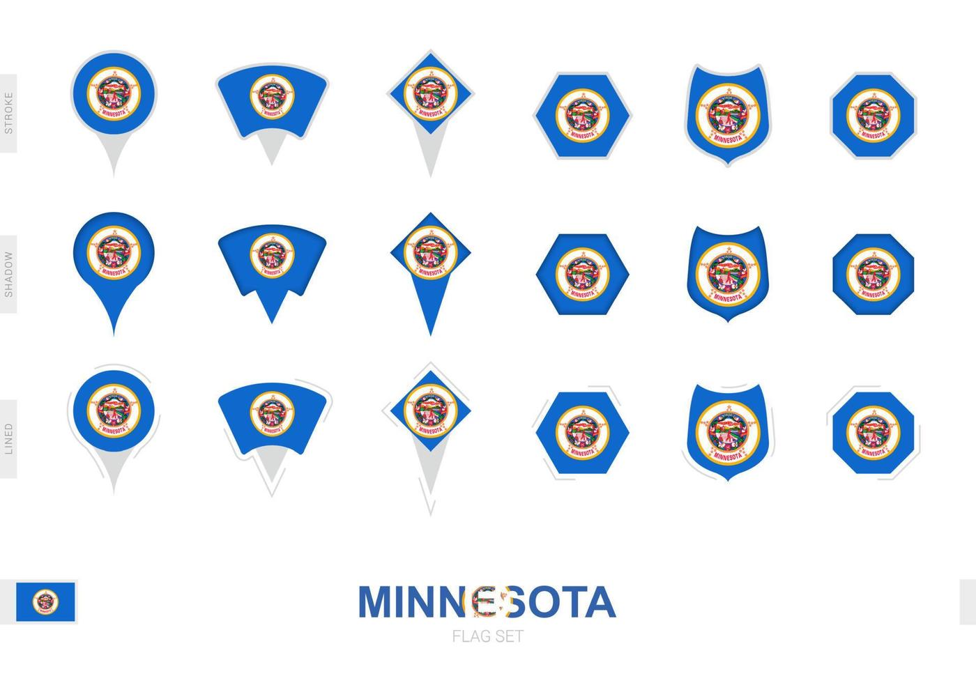 Collection of the Minnesota flag in different shapes and with three different effects. vector