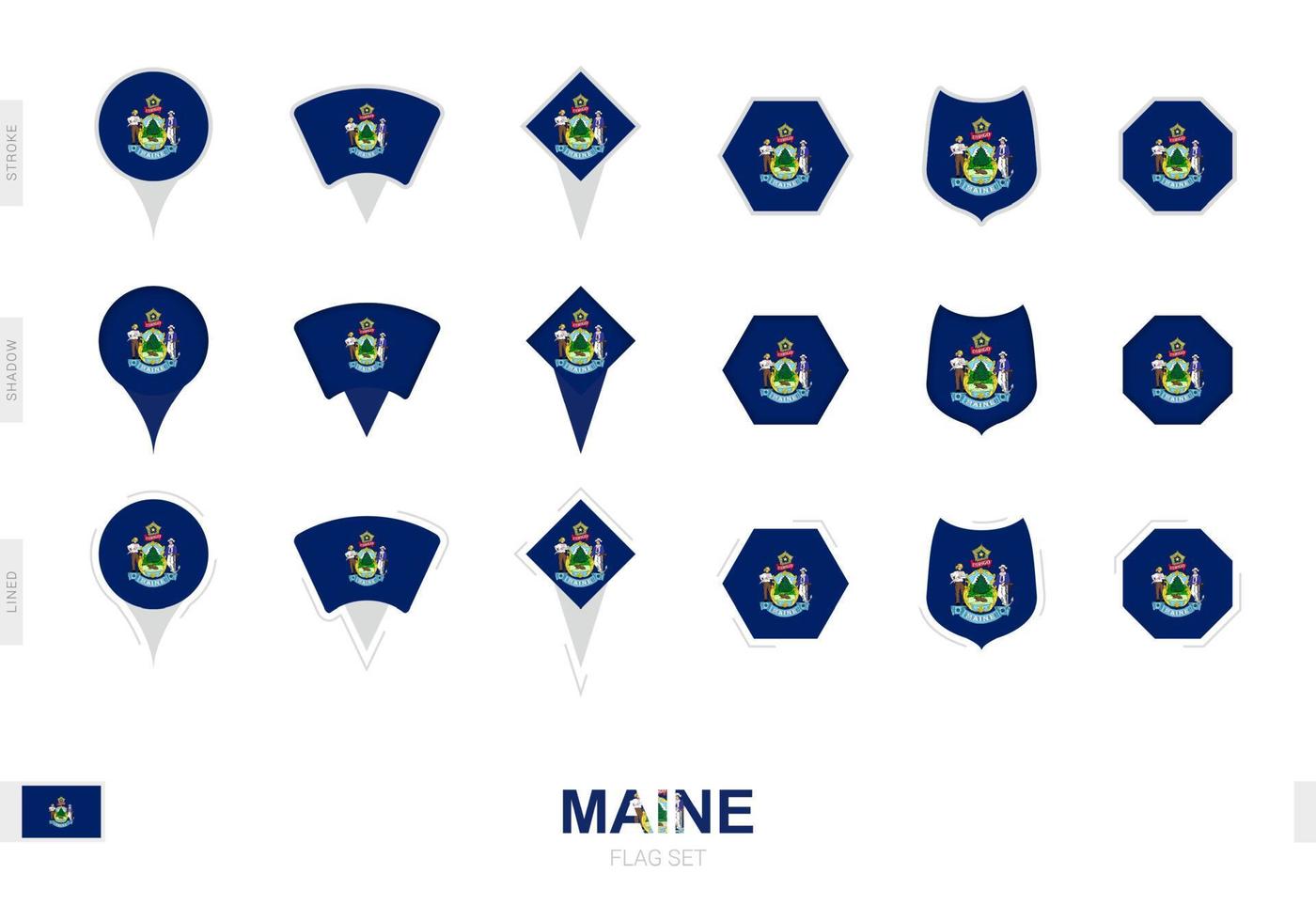 Collection of the Maine flag in different shapes and with three different effects. vector