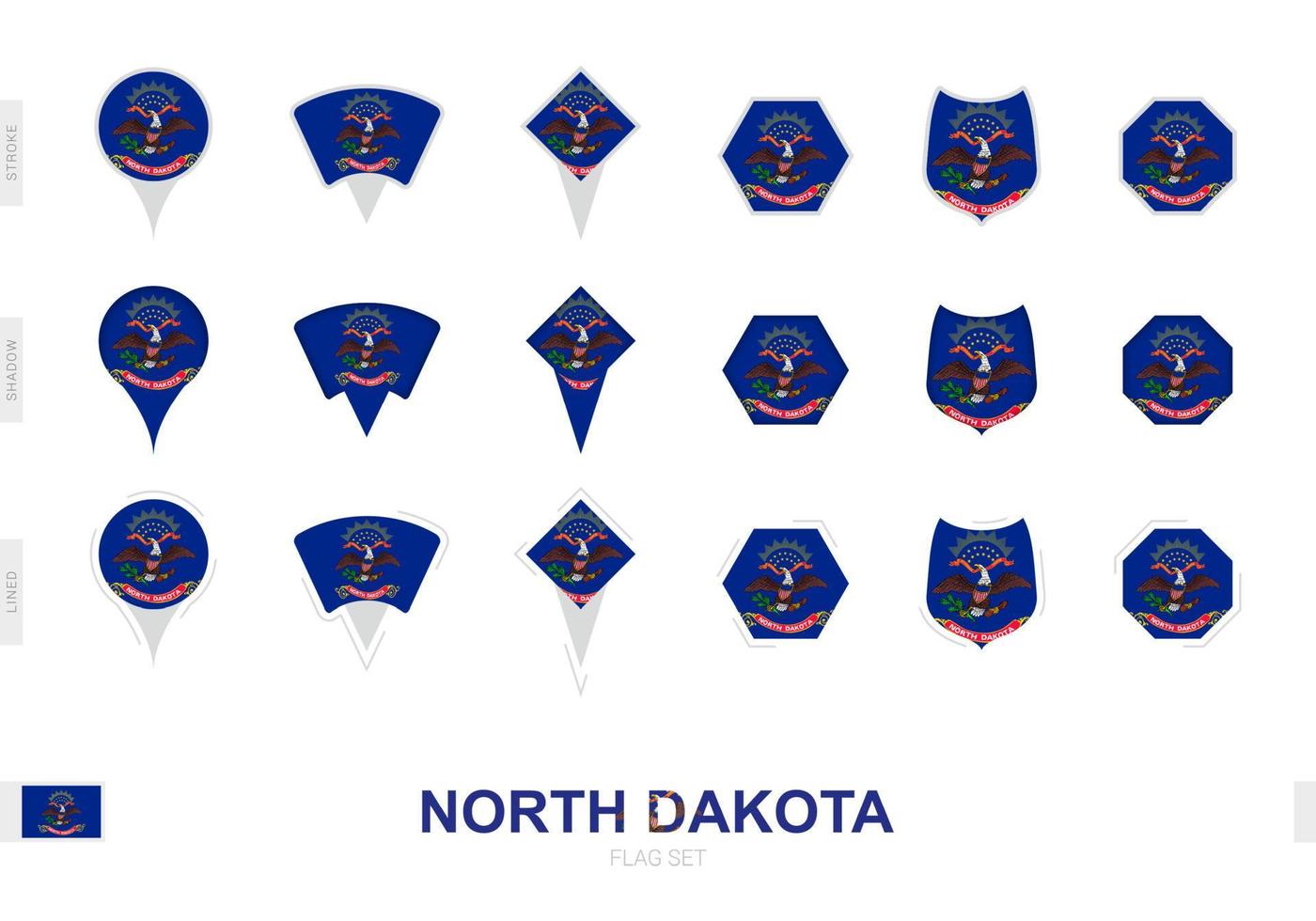 Collection of the North Dakota flag in different shapes and with three different effects. vector