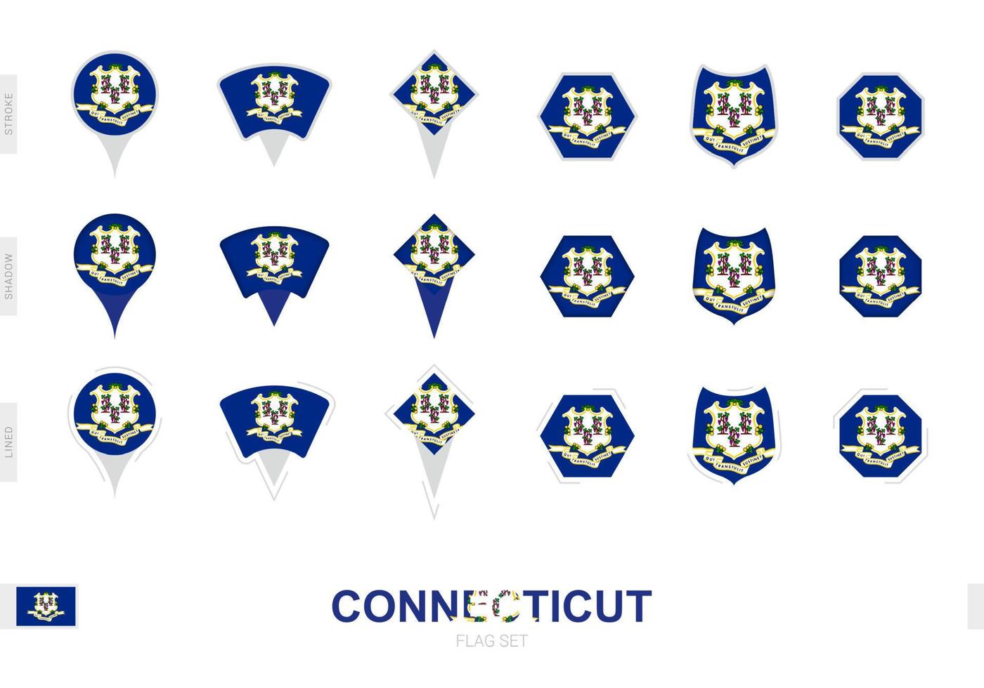 Collection of the Connecticut flag in different shapes and with three different effects. vector