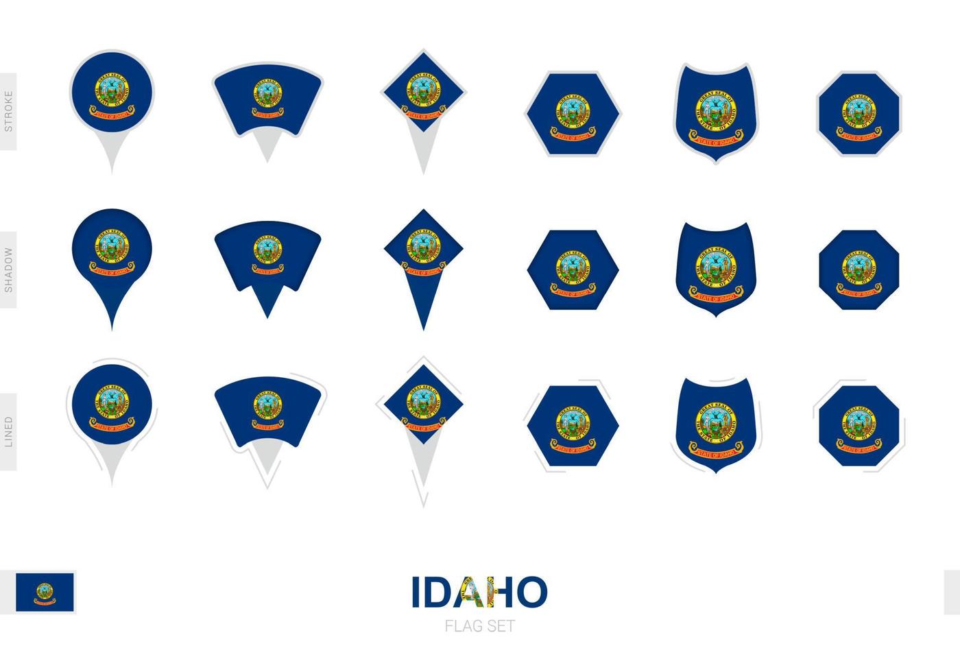 Collection of the Idaho flag in different shapes and with three different effects. vector