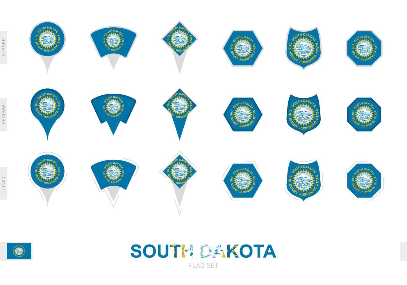 Collection of the South Dakota flag in different shapes and with three different effects. vector