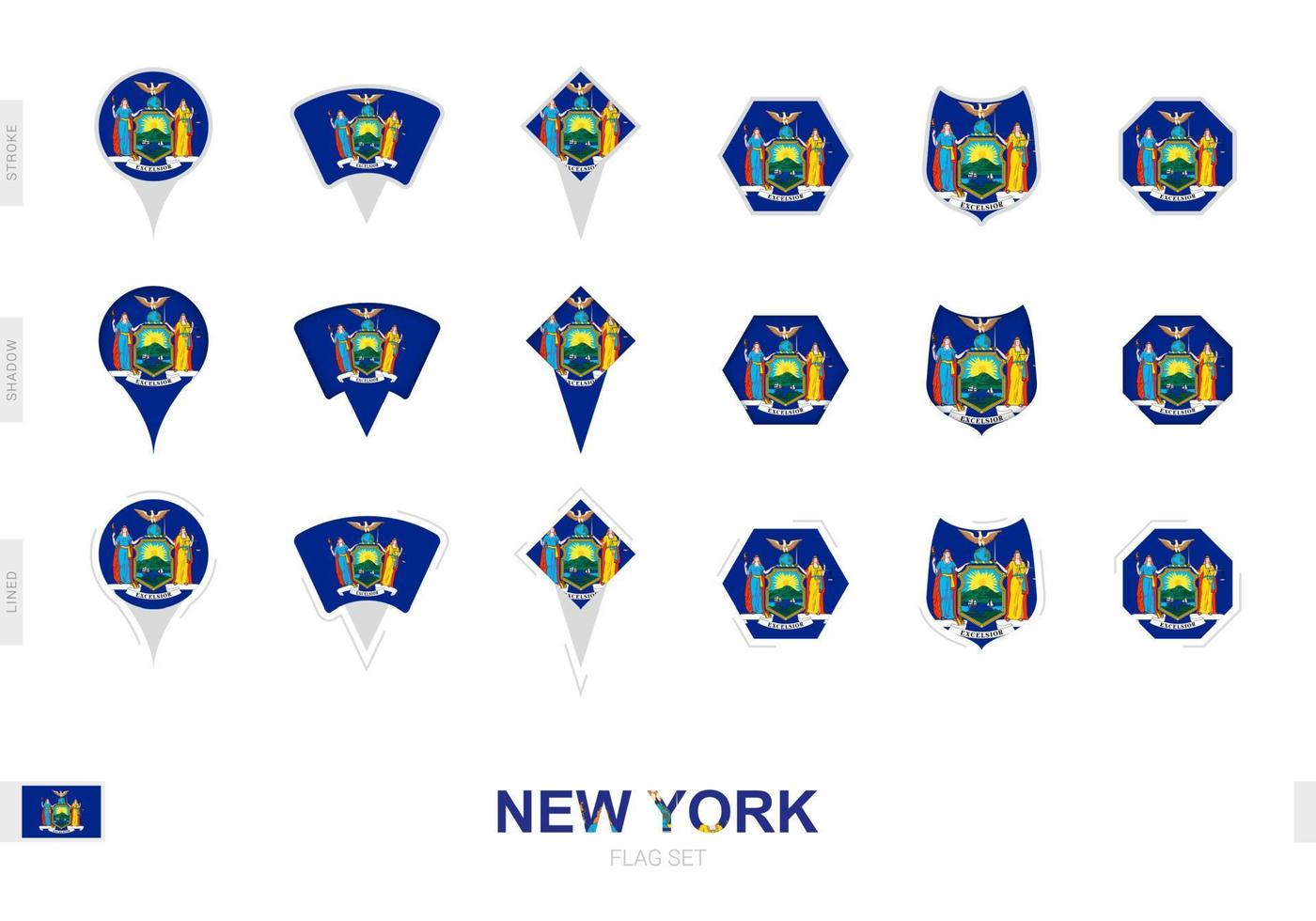 Collection of the New York flag in different shapes and with three different effects. vector