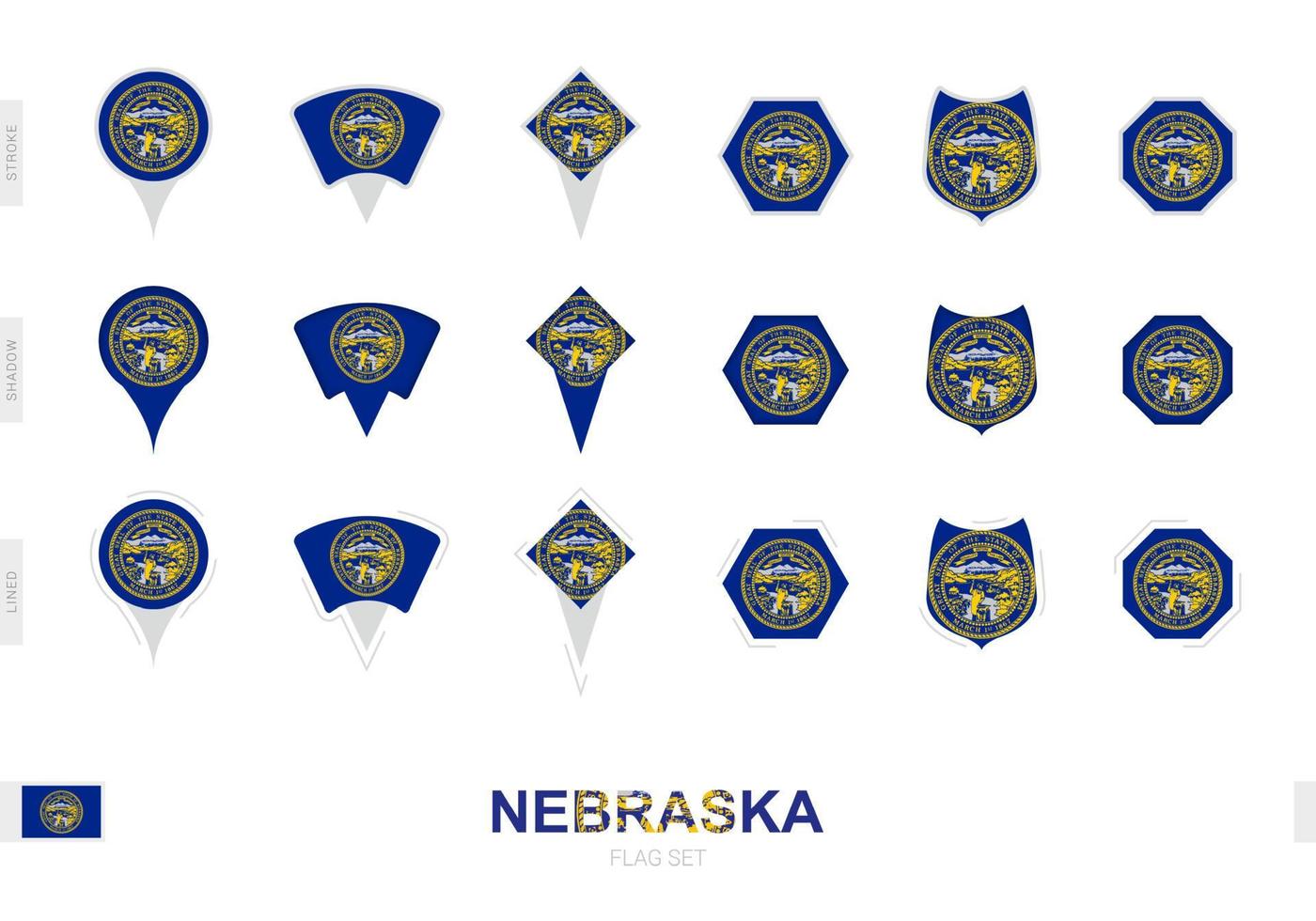 Collection of the Nebraska flag in different shapes and with three different effects. vector